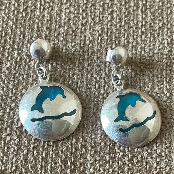 Mexican 950 Silver dolphins Earrings - Picture 2 of 8